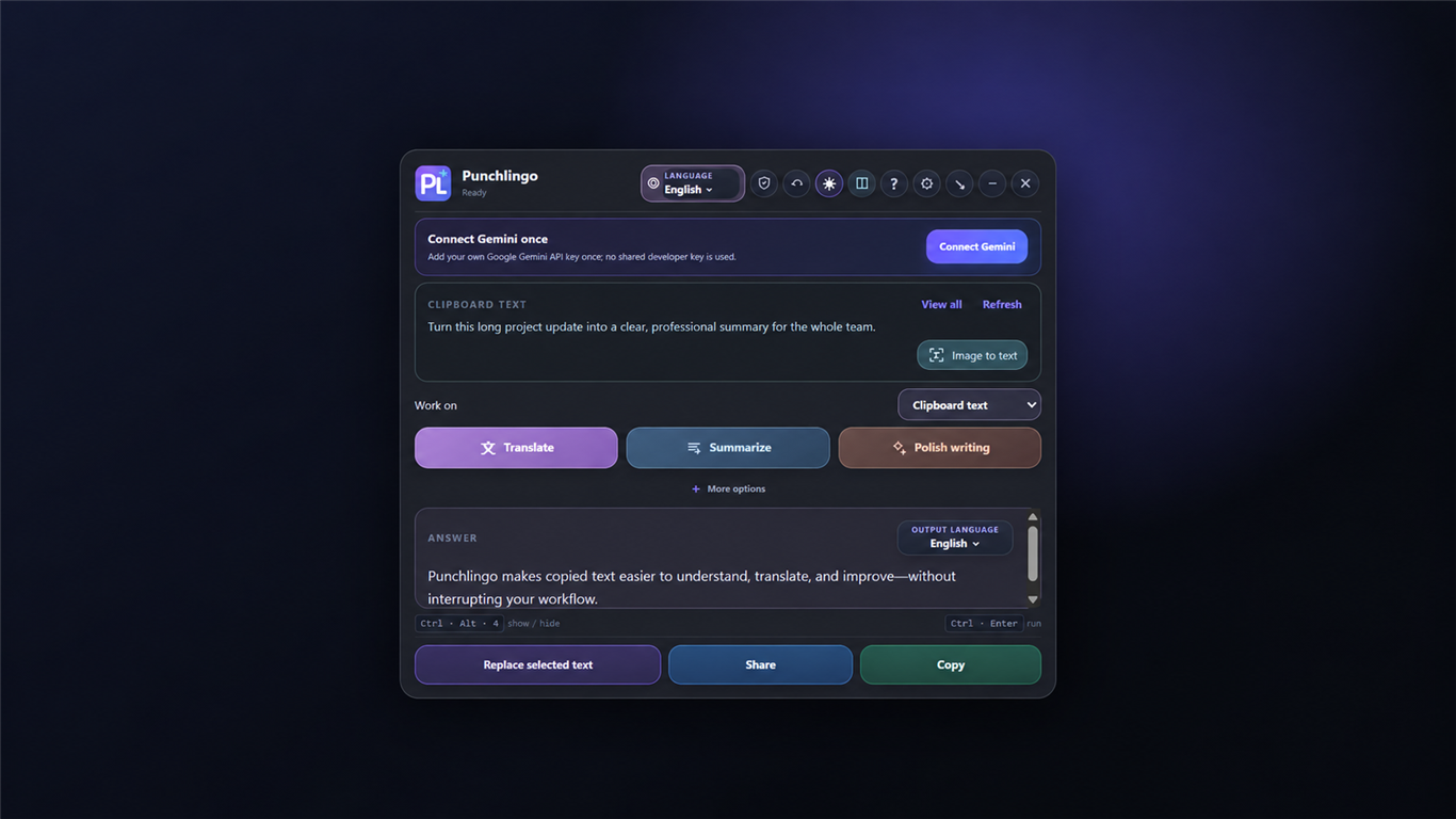 Real PunchLingo interface in dark mode